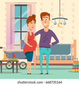 Pregnancy cartoon composition with future parents in room with baby objects including cot, pram, toys vector illustration