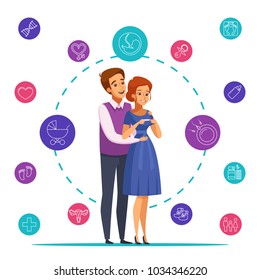 Pregnancy cartoon composition on white background with happy couple waiting baby, colorful round icons vector illustration