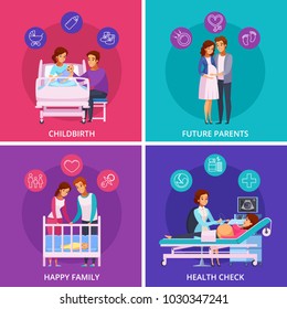 Pregnancy cartoon design concept with future parents, health check, childbirth, happy family with newborn isolated vector illustration
