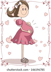 Pregnancy Cartoon - Vector hand-drawn cartoon illustration of a pregnant young woman. Cute character with swirl page borders perfect for cards or invitations. 