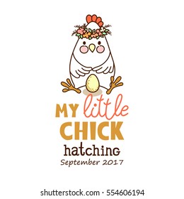 Pregnancy Celebration Card. Cute chicken with egg - drawing with text