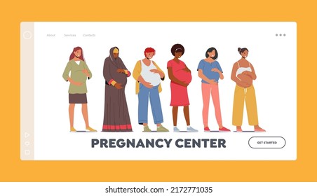 Pregnancy Center Landing Page Template. Multinational Women Prepare for Motherhood. Diverse Pregnant Mothers with Big Belly. Female Characters Prepare for Maternity. Cartoon People Vector Illustration