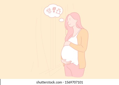 Pregnancy, childbearing, female body condition, expecting baby concept. Young pregnant woman thinking about childish toys, dreaming gravid girl and speech bubble, babycare. Simple flat vector