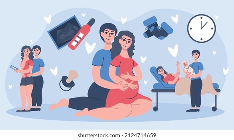 Geburt einer Schwangerschaft flache Komposition mit doodle Stil Charaktere glücklicher Eltern mit Test und Bereitstellung von Baby Vektorgrafik