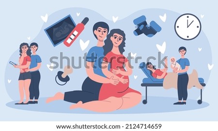 Pregnancy childbirth flat composition with doodle style characters of happy parents with test and delivering baby vector illustration