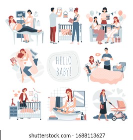 Pregnancy and childbirth, happy family with newborn baby, set of cute cartoon characters vector illustration. Smiling people expecting child, pregnancy, baby shower. Pregnant woman care, loving family