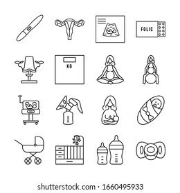 Pregnancy and childbirth line vector icon set. Group of objects about pregnancy and the birth of a baby and breastfeeding