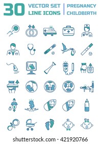Pregnancy and childbirth linear icon set. 