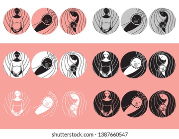 Pregnancy and childbirth. Linear vector icons. Pregnant woman, baby and mother.