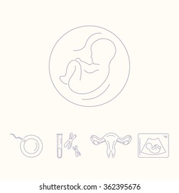 Pregnancy and childbirth, obstetrics, gynecology line icons. Human embryo. Abstract fetus symbol. Breastfeeding. Health medical and care child. Diagnostic equipment, medical tools. Motherhood.