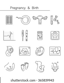 Pregnancy and childbirth, obstetrics, gynecology line icons. Human embryo. Abstract fetus symbol. Breastfeeding. Health medical and care child. Diagnostic equipment, medical tools. Motherhood.