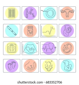Pregnancy and childbirth. Obstetrics and gynecology vector line icons set. Preparing a woman for pregnancy and labor. Health medical and care newborn. Diagnostic equipment, medical tools. Motherhood.