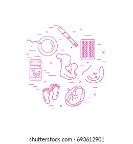 Pregnancy and childbirth. Obstetrics and gynecology vector line icons. Preparing a woman for pregnancy and labor. Health medical and care newborn. Maternity and child care.