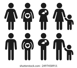 Pregnancy, childbirth and parenthood icon set. Woman and man or gender neutral person stick figure with baby and child. Vector pictogram symbols.