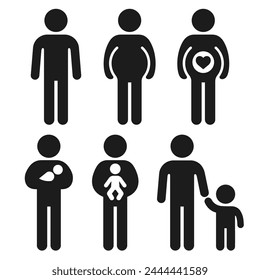 Pregnancy, childbirth and parenthood stages icon set. Man or gender neutral person stick figure with baby and child.