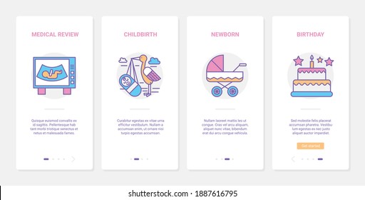 Pregnancy childbirth vector illustration. UX, UI onboarding mobile app page screen set with line newborn baby stroller, ultrasound pregnant belly medical research, child birthday cake, baby symbols
