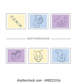 Pregnancy and childbirth vector line icons set. Preparing a woman for pregnancy and labor. Health care newborn baby. Breastfeeding and Motherhood.