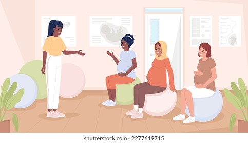 Pregnancy class flat color vector illustration. Fitness instructor with pregnant women on exercise balls. Hero image. Fully editable 2D simple cartoon characters with fitness room on background