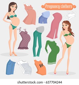 Pregnancy clothes vector illustration. Two pregnant women and set of light dresses, comfortable pants, stylish tops in dress up paper doll concept