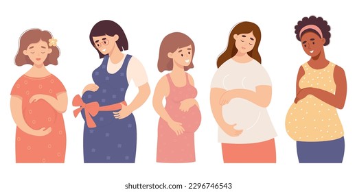 Pregnancy. Collection cute pregnant women. Diversity, light-skinned and dark ethnic girls gently hug their belly. Vector illustration in flat cartoon style. Isolated beautiful expectant mothers