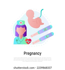 Pregnancy concept with flat gradient icons. Positive and negative pregnancy test. Development of fetus in uterine. Gynecology. Urine stick. Vector illustration.
