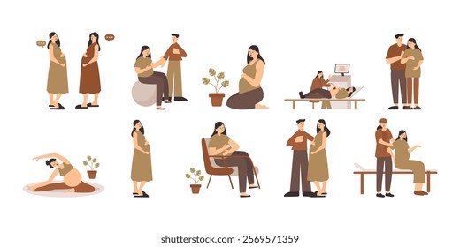 Pregnancy concept flat illustration set. Includes of Pregnant woman practicing yoga, Partner supporting pregnant woman. Vector illustration isolated transparent background