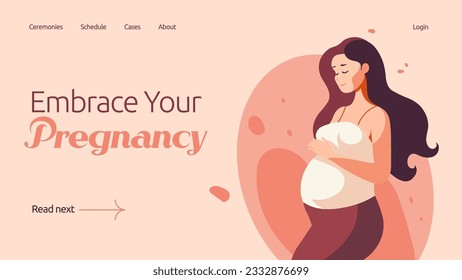 Concepto de embarazo en diseño de vector plano. Mujer embarazada feliz sosteniendo su vientre. Ilustración de la maternidad, hermosa y elegante madre y niño. plantilla de diseño de banners web