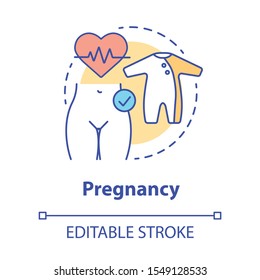 Pregnancy concept icon. Maternity idea thin line illustration. Prenatal care, women healthcare. Fertility, reproductive system. Baby clothes. Vector isolated outline drawing. Editable stroke