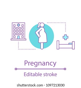 Pregnancy concept icon. Pregnant woman idea thin line illustration. Pregnancy medical monitoring. Maternity hospital. Vector isolated outline drawing. Editable stroke