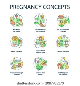 Pregnancy concept icons set. Expecting mother needs idea thin line color illustrations. Go with her to doctor visit. Childbirth class. Show affection. Vector isolated outline drawings. Editable stroke