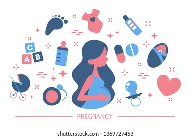 Pregnancy concept. Idea of maternity. Baby awaiting. Pregnant woman with a big belly. Set of colorful icons. Isolated flat vector illustration