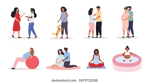 Pregnancy concept with a pregnant woman doing assorted activities chatting to friends, exercising, meditating and as couples, colored vector illustration