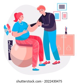 Pregnancy concept. Pregnant woman doing exercises with ball and husband helps her. Young family, couple expecting child character scene. Vector illustration in flat design with people activities