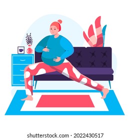 Pregnancy concept. Pregnant woman doing yoga asana at home. Active sports and physical preparation for birth of child character scene. Vector illustration in flat design with people activities