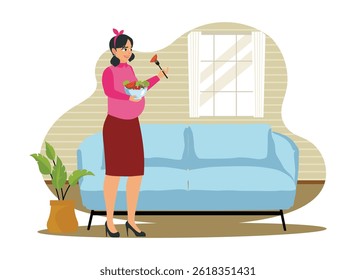 Pregnancy concept. A pregnant woman is eating a bowl of fresh fruit while standing in the living room. Flat vector illustration.