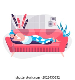 Pregnancy concept. Pregnant woman lies on special pillow on couch. Young mother expecting baby resting at comfortable home character scene. Vector illustration in flat design with people activities