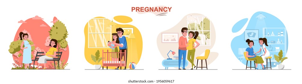 Pregnancy concept scenes set. Pregnant woman meets with friend, spends time with husband, doctor screening, newborn. Collection of people activities. Vector illustration of characters in flat design