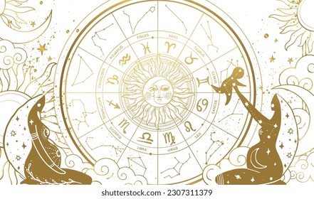 Pregnancy and conception according to the zodiac sign, the birth of children according to the lunar calendar. Beautiful banner with golden zodiac wheel and pregnant women on white background. Boho