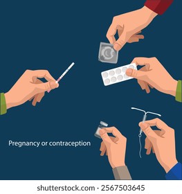 Pregnancy or contraception. Positive pregnancy test. Contraception methods: condom, pills, medical spiral.