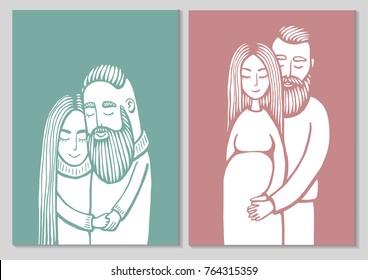 Pregnancy couple cards. Silhouette of couple. Background with pregnant woman and her husband. Hipster family