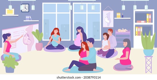 Pregnancy course, vector illustration, pregnant woman character training together at room, partnerhood lesson about flat embrion baby.