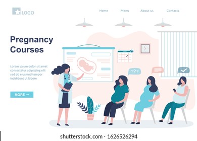 Pregnancy Courses landing page template. Maternity seminar banner. Group of pregnant women and doctor coach. Health care banner. Motherhood and medical education. Trendy vector illustration