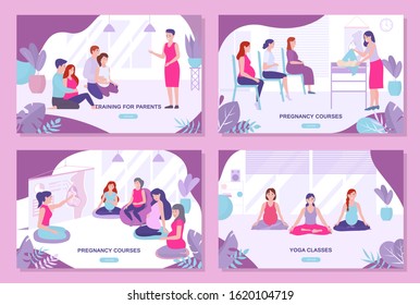 Pregnancy courses, parents training, yoga class for pregnant women vector illustration set. Cards, flyers, landing page collection. Girls learn about pregnancy, newborns care, do exercises with men.