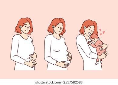 Pregnancy cycle of thin woman, during period of conception and after birth of baby. Happy girl experiences joy of motherhood thanks to surge of hormones and birth of wonderful son.