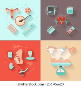 Pregnancy design concept set with woman anatomy delivery and maternity flat icons isolated vector illustration svg