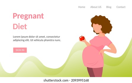 Pregnancy diet banner. Сute Cartoon Pregnant Woman in Trousers and T-shirt Holds Red Apple in Her Hand. Flat Style. Healthy Food Concept During Pregnancy. Vector Illustration.