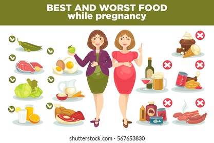 Pregnancy diet best and worst food while pregnant. Vector set with woman and health food for healthy baby and mother. Cartoon nutrition illustration meat and vegetable, milk and egg, fruits and fish.