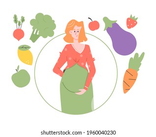 Pregnancy Diet. Healthy Eating. Cute pregnant woman surrounded by healthy fruits and vegetables. Vector flat illustration.