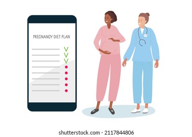 Pregnancy Diet Plan. Doctor tells pregnant woman about diet benefits during pregnancy. Smartphone diet plan. Healthy nutrition during pregnancy. Smartphone interface with list. Vector illustration.