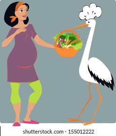 Pregnancy diet. Stork bringing a basket of vegetables to a pregnant woman, vector cartoon